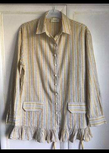 touche Çizgili Keten Volanlı Uzun Kollu Kadın Gömlek - Görsel 4