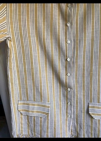 touche Çizgili Keten Volanlı Uzun Kollu Kadın Gömlek - Görsel 7