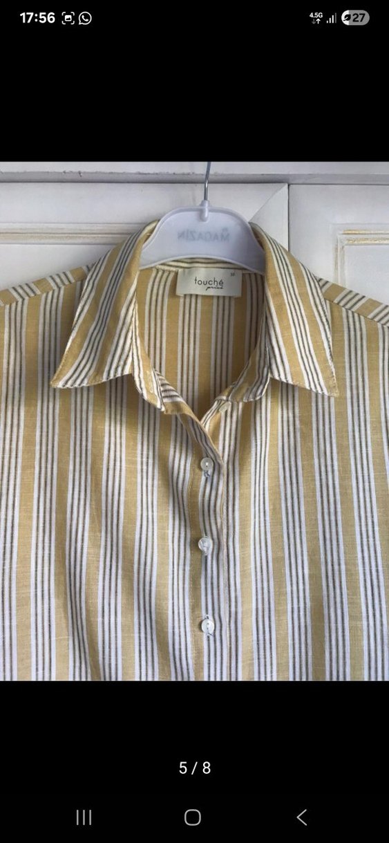 touche Çizgili Keten Volanlı Uzun Kollu Kadın Gömlek - Görsel 5