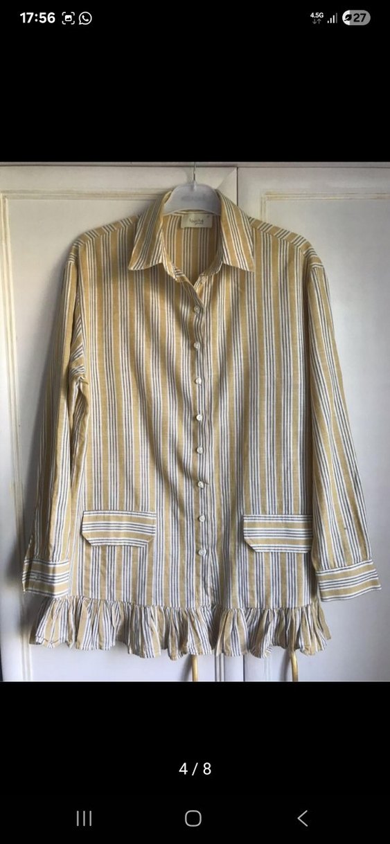 touche Çizgili Keten Volanlı Uzun Kollu Kadın Gömlek - Görsel 4