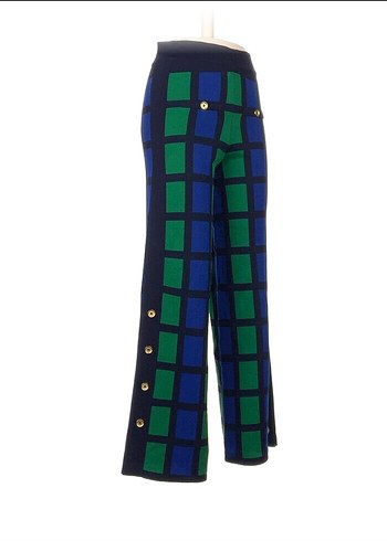 Düğmeli Kareli Kadın Triko Pantolon - Görsel 2