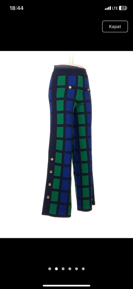 Düğmeli Kareli Kadın Triko Pantolon - Görsel 2