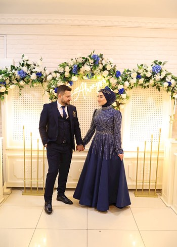 Uzun Kollu Lacivert Drapeli Abiye Elbise - Görsel 2