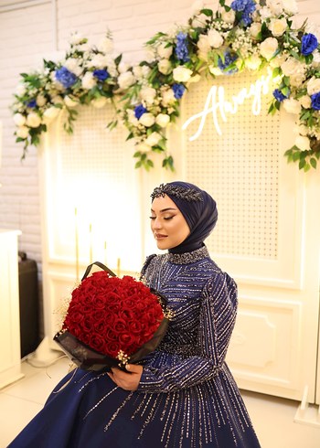 Uzun Kollu Lacivert Drapeli Abiye Elbise - Görsel 3