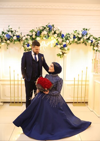 Uzun Kollu Lacivert Drapeli Abiye Elbise - Görsel 4