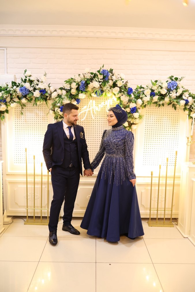 Uzun Kollu Lacivert Drapeli Abiye Elbise - Görsel 2