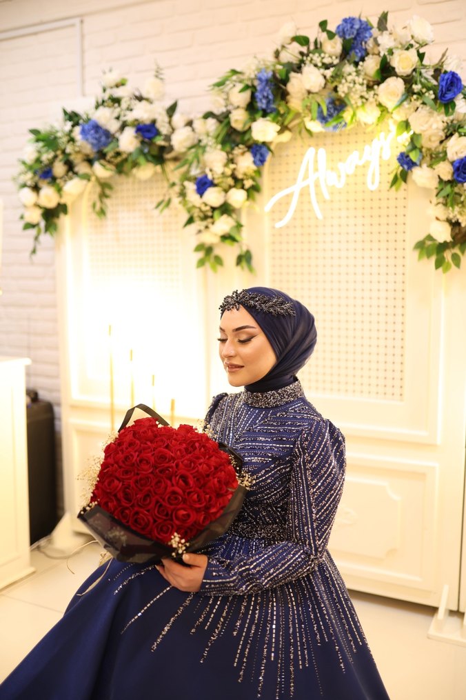 Uzun Kollu Lacivert Drapeli Abiye Elbise - Görsel 3