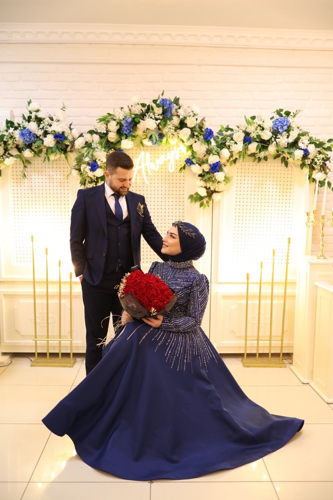 Uzun Kollu Lacivert Drapeli Abiye Elbise - Görsel 4