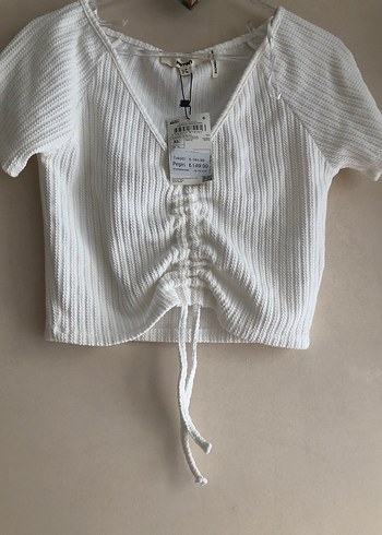 Beyaz V Yaka Örme Keten Bluz - Görsel 2