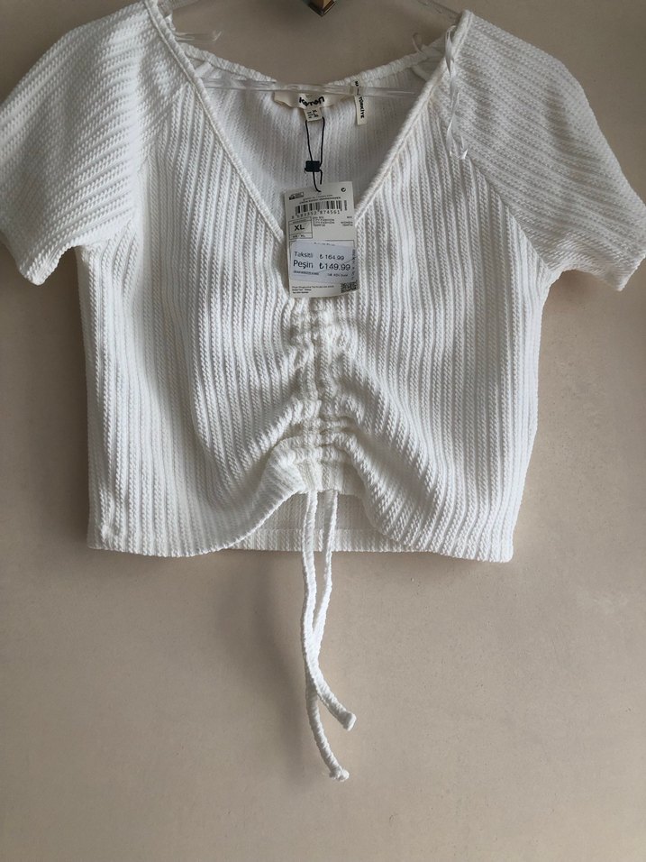 Beyaz V Yaka Örme Keten Bluz - Görsel 2