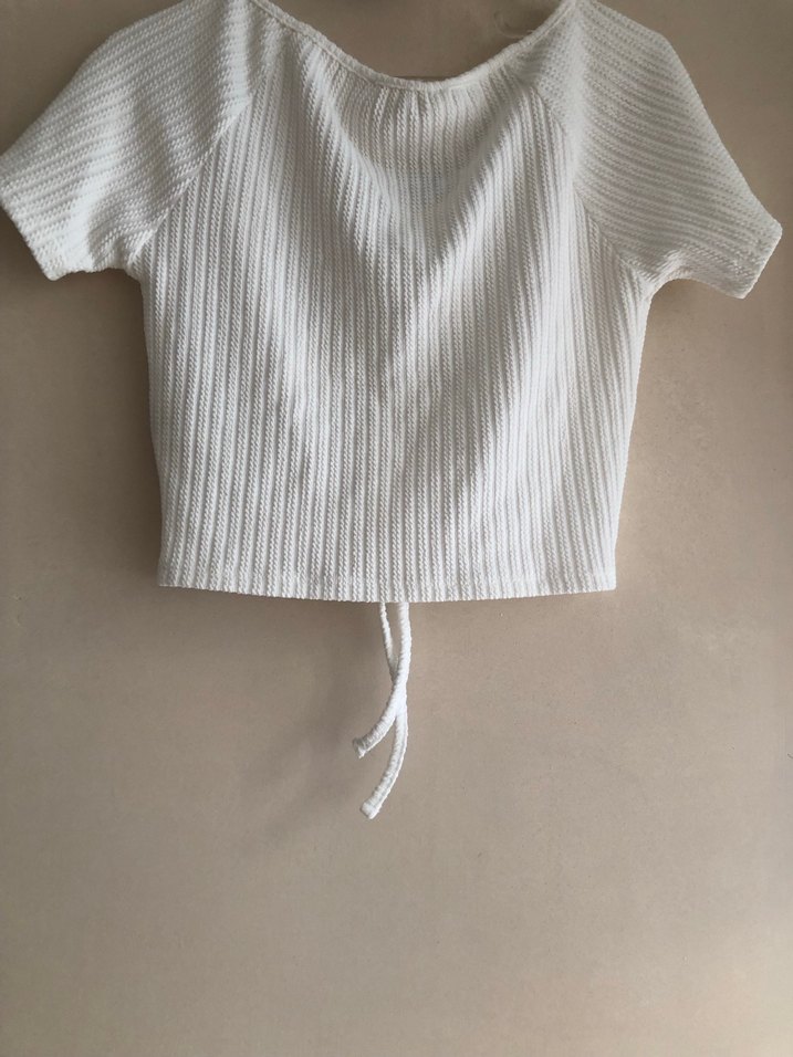 Beyaz V Yaka Örme Keten Bluz - Görsel 4