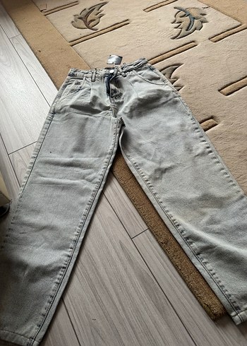 Gri Kadın Denim Jean, Düğmeli, Normal Boy - Görsel 3