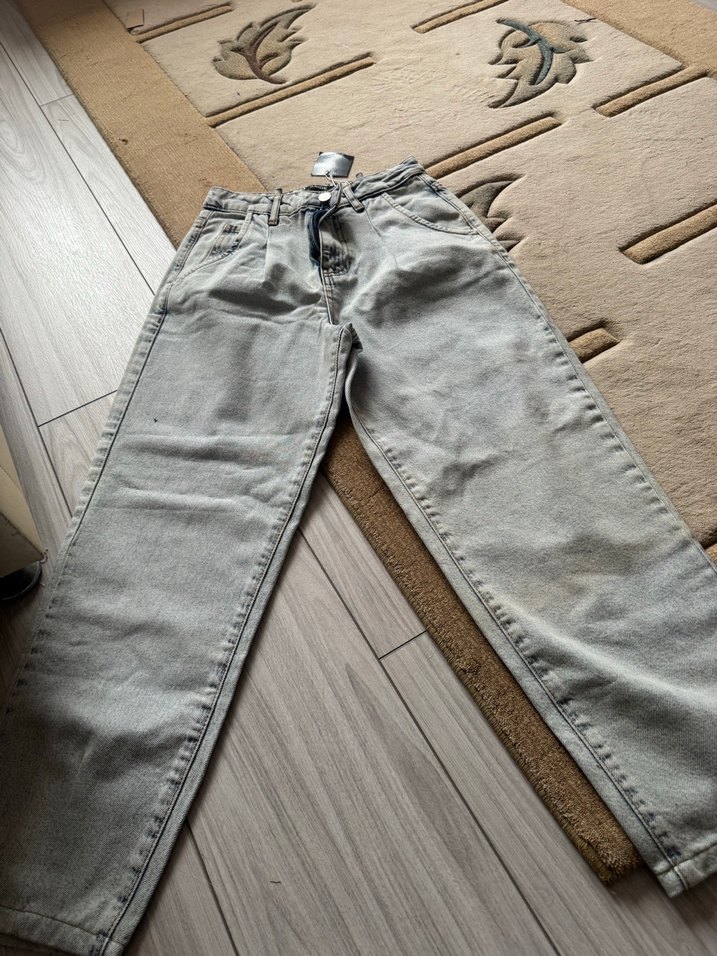 Gri Kadın Denim Jean, Düğmeli, Normal Boy - Görsel 3