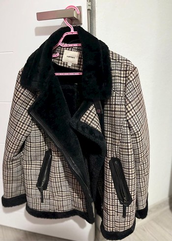 Kahverengi Ekose Desenli Kürklü Kadın Ceket - Görsel 4