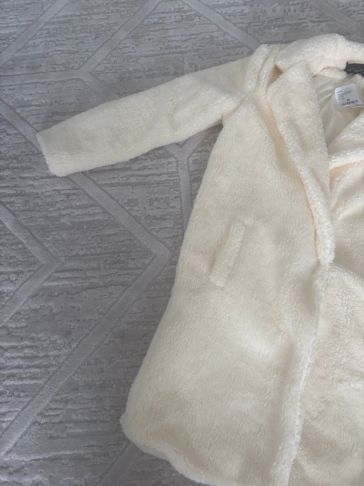 Beyaz Peluş Kadın Midi Kaban - Görsel 2