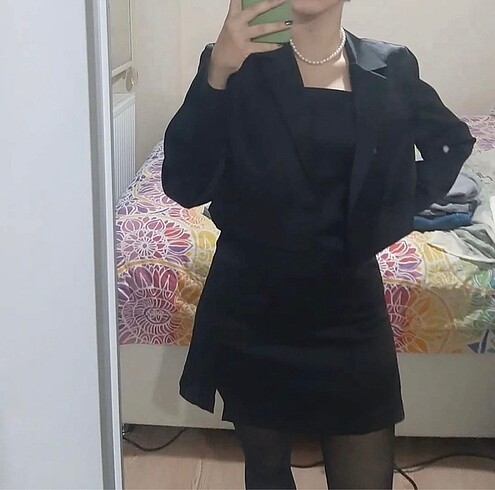 Siyah Saten Ceket Elbise Takım