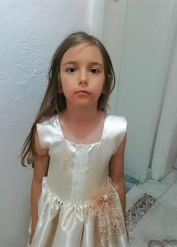 8 Yaş Beden beyaz Renk Dantel Detaylı Bej Kız Çocuk Abiye Elbise