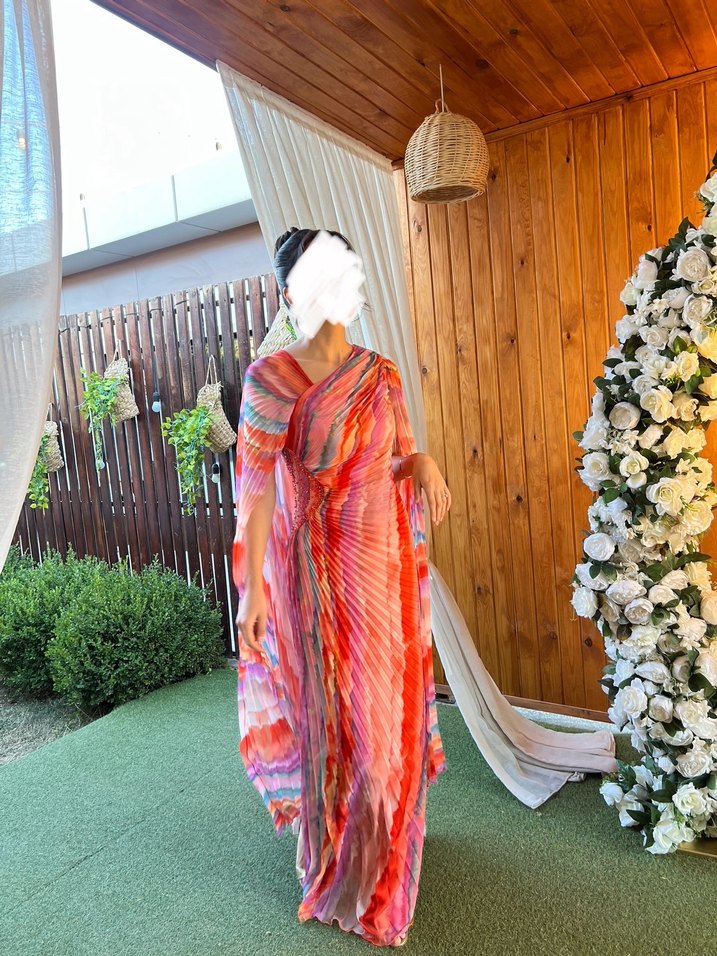 Drapeli Çok Renkli Kadın Elbise - Görsel 3