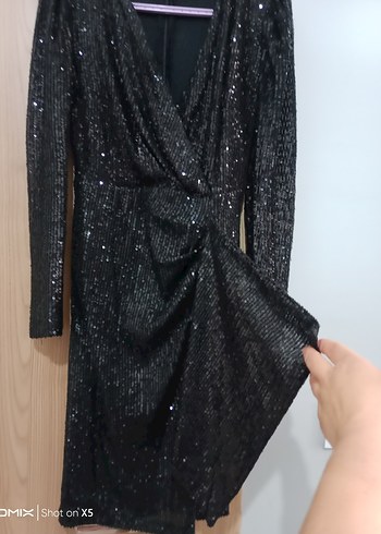 Abiye Uzun Kollu Siyah Parlak Mini Elbise