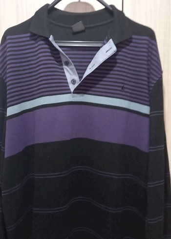 Mor Siyah Çizgili Erkek Uzun Kollu Polo kazak - Görsel 4