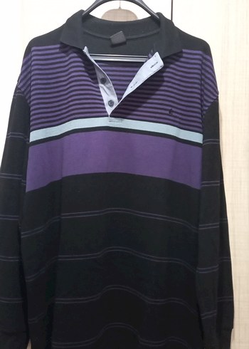 Mor Siyah Çizgili Erkek Uzun Kollu Polo kazak - Görsel 2