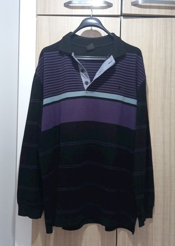 Mor Siyah Çizgili Erkek Uzun Kollu Polo kazak - Görsel 5