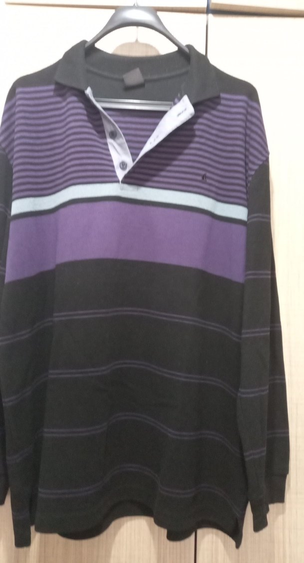 Mor Siyah Çizgili Erkek Uzun Kollu Polo kazak - Görsel 3