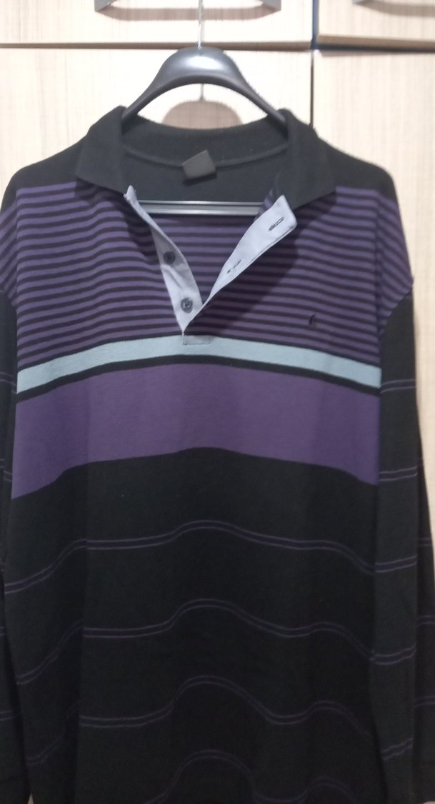 Mor Siyah Çizgili Erkek Uzun Kollu Polo kazak - Görsel 4