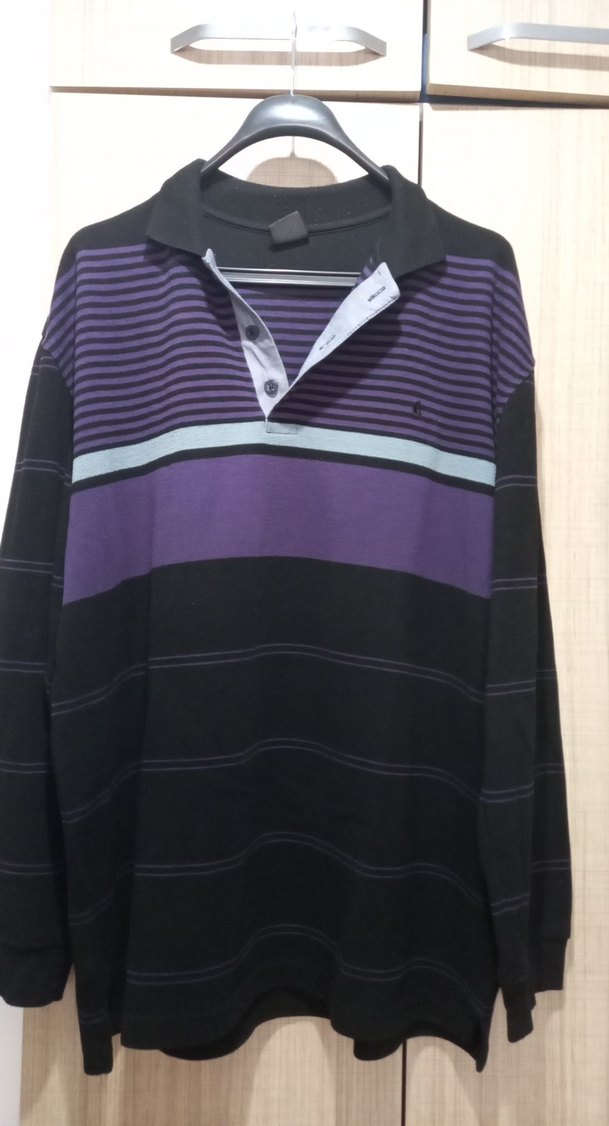 Mor Siyah Çizgili Erkek Uzun Kollu Polo kazak - Görsel 2