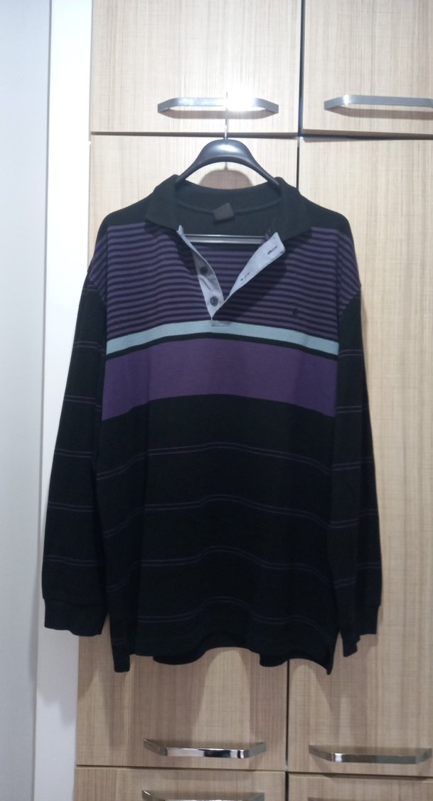 Mor Siyah Çizgili Erkek Uzun Kollu Polo kazak - Görsel 5