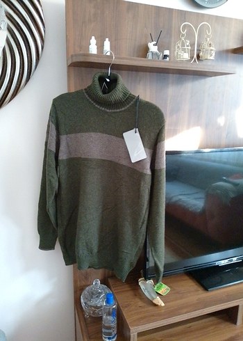 Erkek Haki Boğazlı yünlü kazak - Görsel 8