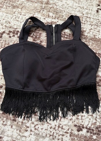 Siyah Püsküllü Straplez Mini Büstiyer - Görsel 2