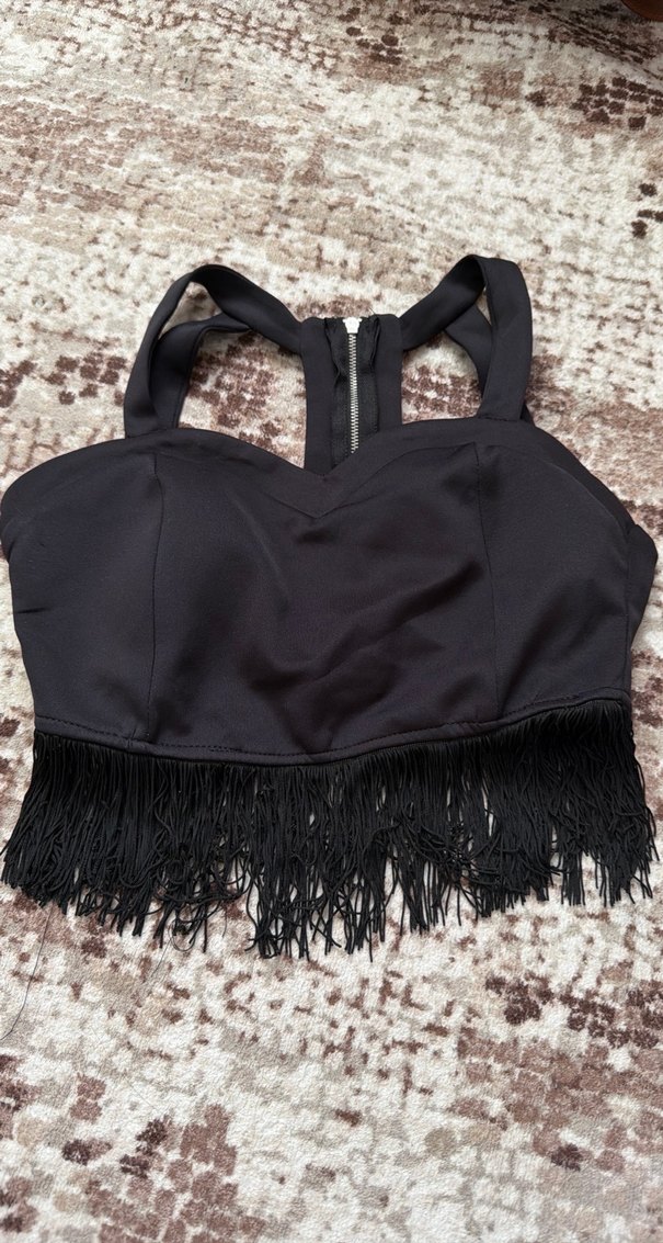 Siyah Püsküllü Straplez Mini Büstiyer - Görsel 2