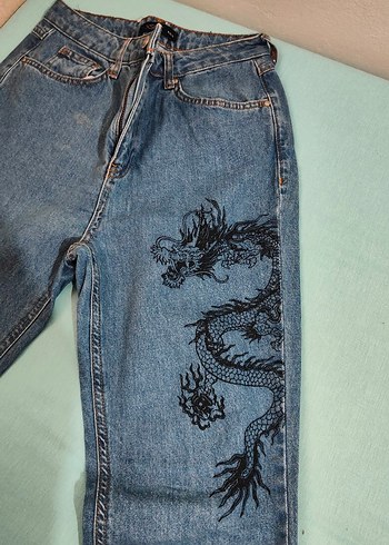 Fermuarlı Baskılı Koyu Mavi Kadın Jean - Görsel 4