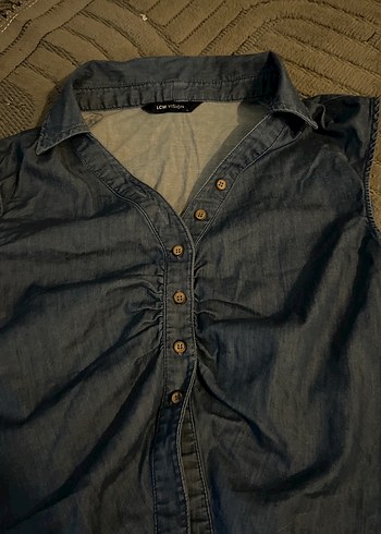 Gri Denim Kolsuz Düğmeli Kadın Gömlek - Görsel 3