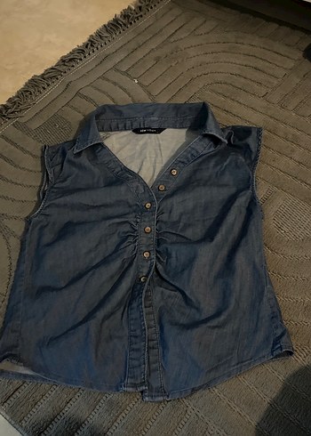 Gri Denim Kolsuz Düğmeli Kadın Gömlek - Görsel 4