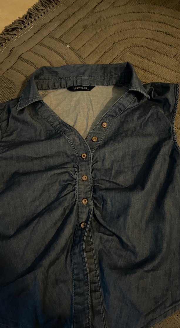 Gri Denim Kolsuz Düğmeli Kadın Gömlek - Görsel 3