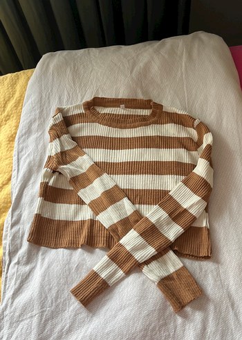 Bej Çizgili Örgü Kadın Kazak - Görsel 3