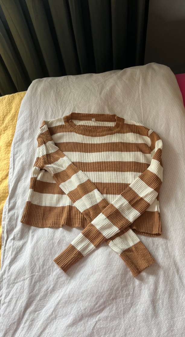 Bej Çizgili Örgü Kadın Kazak - Görsel 3