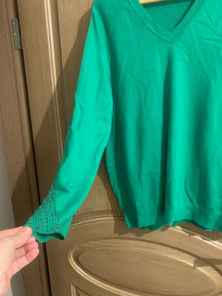 Kadın V Yaka Yeşil Triko Kazak - Görsel 3