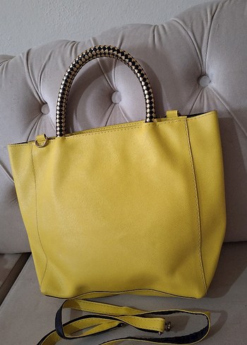 Sarı Deri Kadın Çanta Yılan Desenli Saplı - Görsel 2