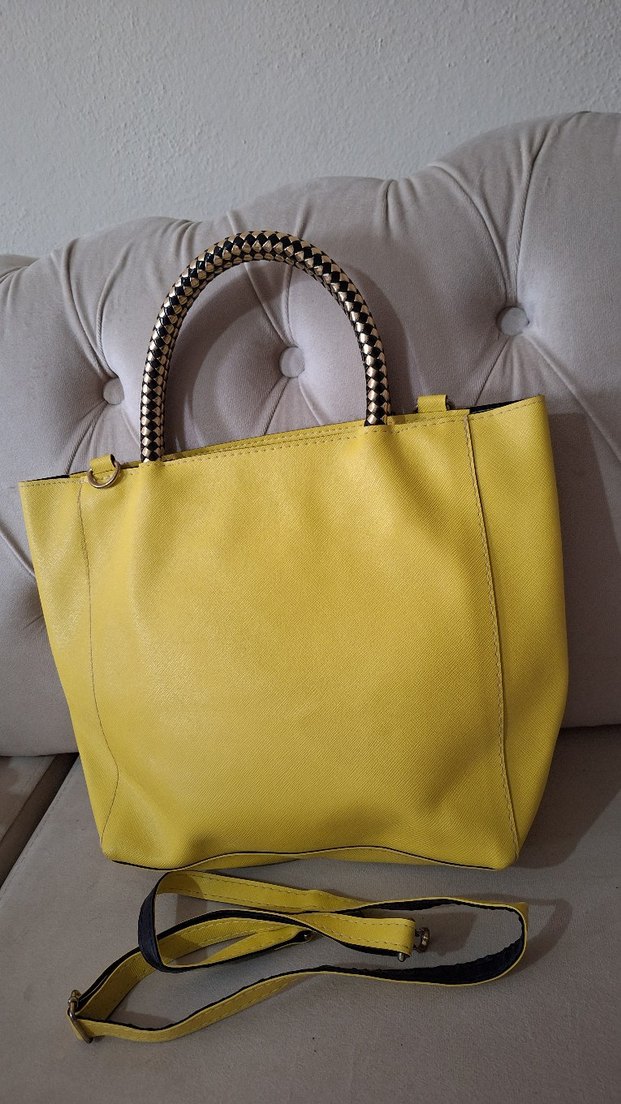 Sarı Deri Kadın Çanta Yılan Desenli Saplı - Görsel 2