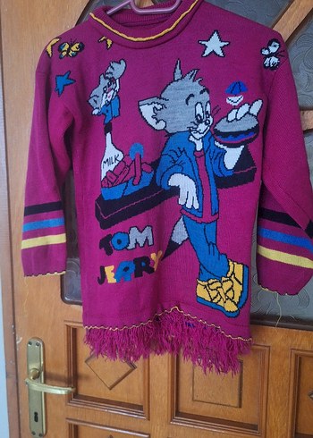 Bordo Tom ve Jerry Baskılı Örgü Kız Kazak - Görsel 3