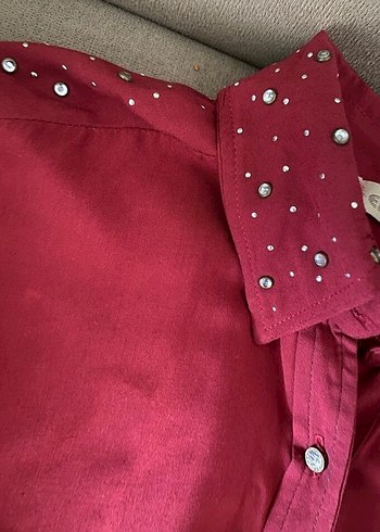 s Beden Bordo Düğmeli Uzun Kollu Kadın Gömlek