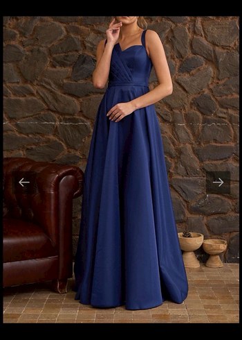 Uzun Lacivert Drapeli Kadın Abiye Elbise - Görsel 5
