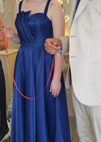 Uzun Lacivert Drapeli Kadın Abiye Elbise - Görsel 3