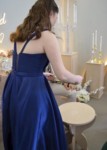 Uzun Lacivert Drapeli Kadın Abiye Elbise - Görsel 2