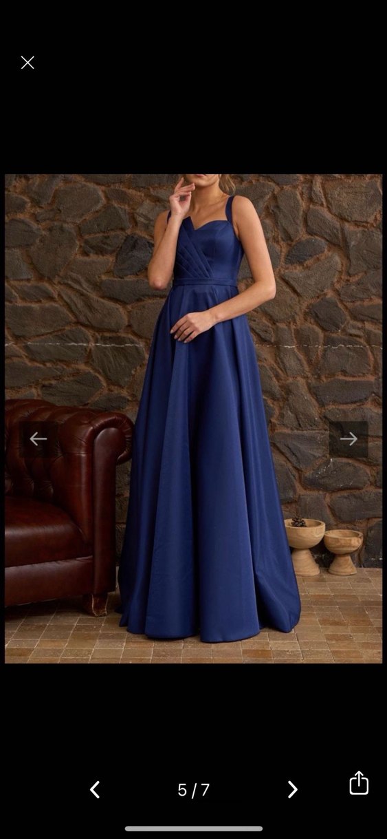 Uzun Lacivert Drapeli Kadın Abiye Elbise - Görsel 5