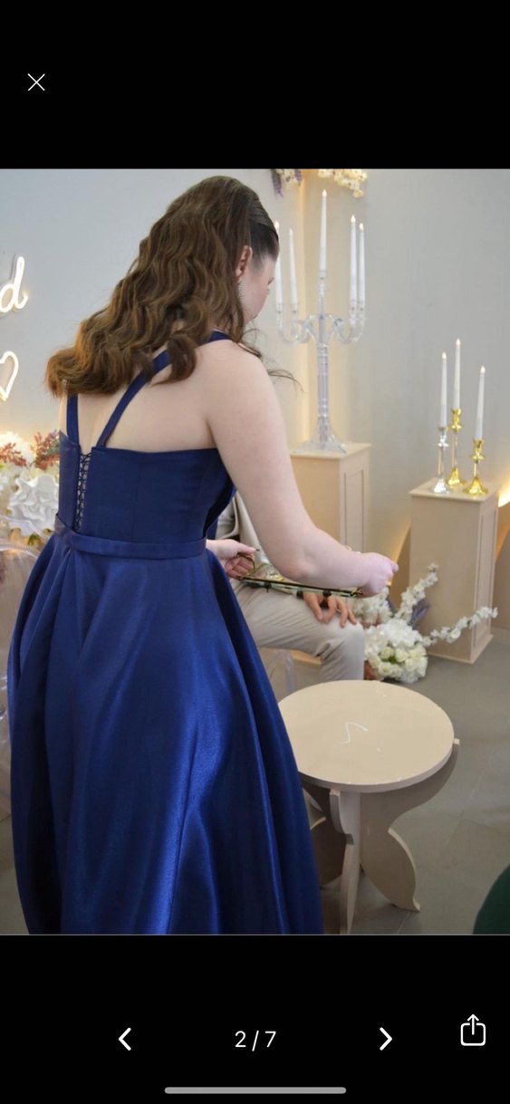 Uzun Lacivert Drapeli Kadın Abiye Elbise - Görsel 2