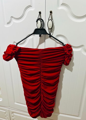 Kırmızı Straplez Drapeli Mini Elbise - Görsel 2